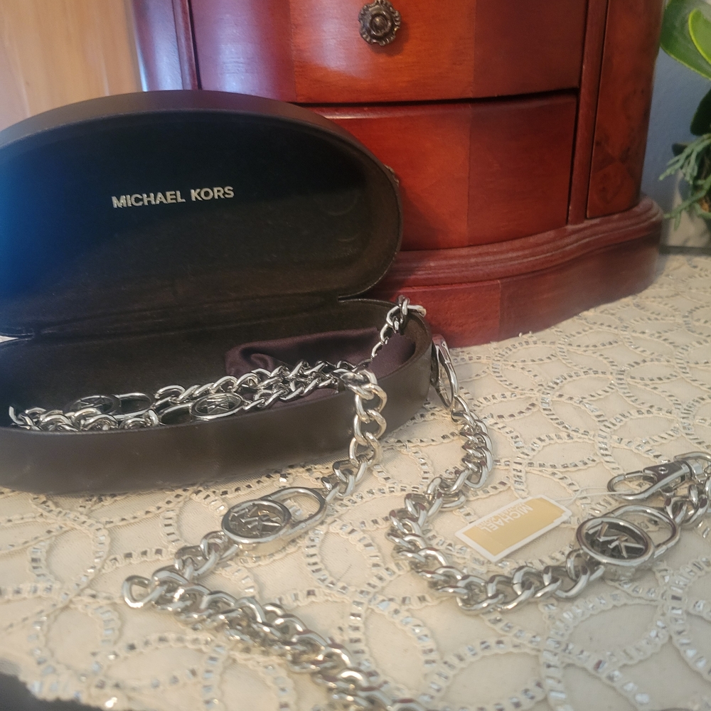 Michael Kors Silver Chain Belt with Dark Brown Leather Trim